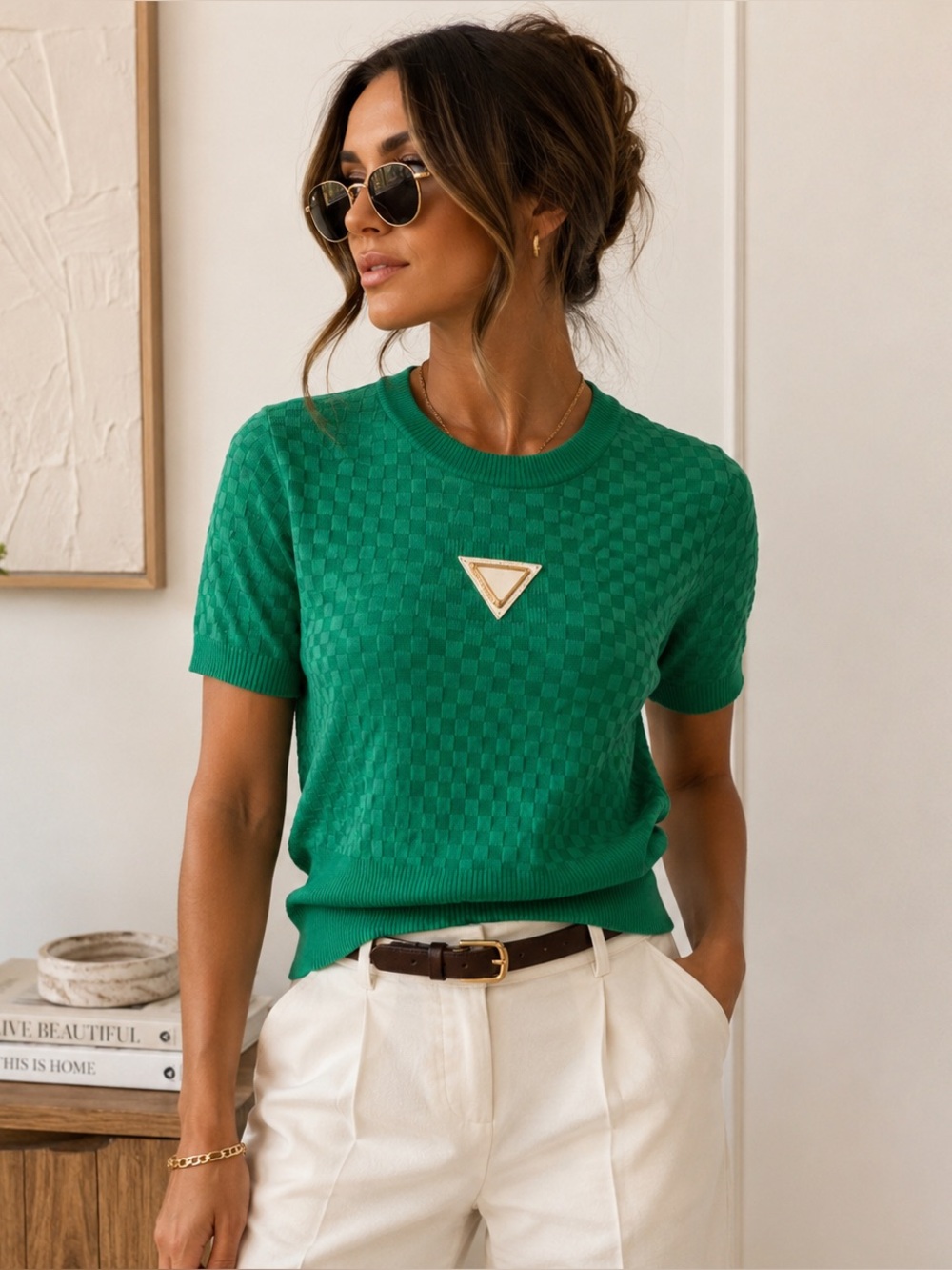 Green Textured Checker Top | Silver Triangle Detail | Boutique Style | Size S